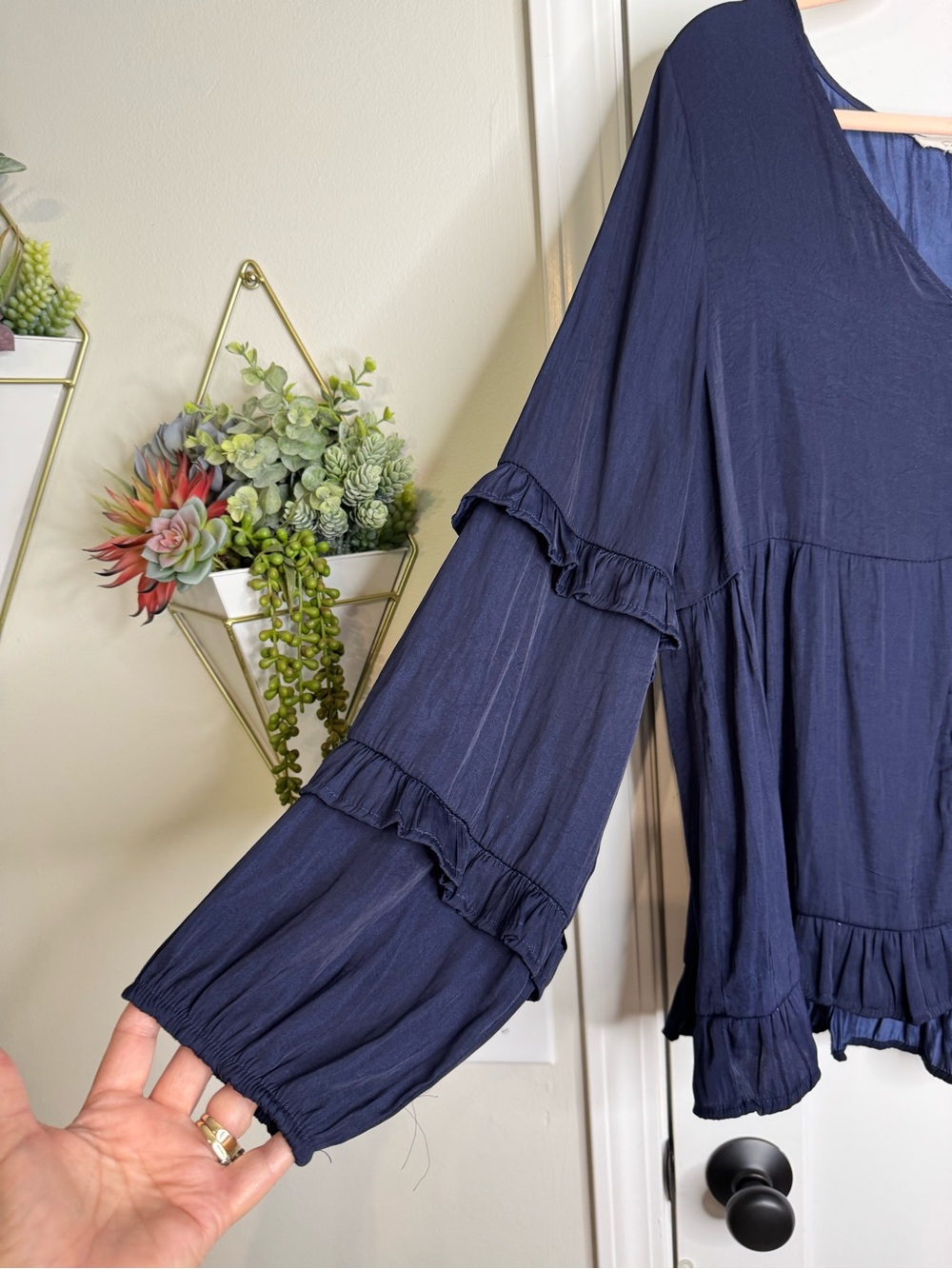 Easel Navy Button Front Baby Doll Top - Picture 3 of 5